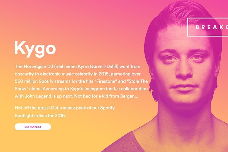 Norwegian music artist Kygo profile on spotify featuring a yellow, pink and purple gradient