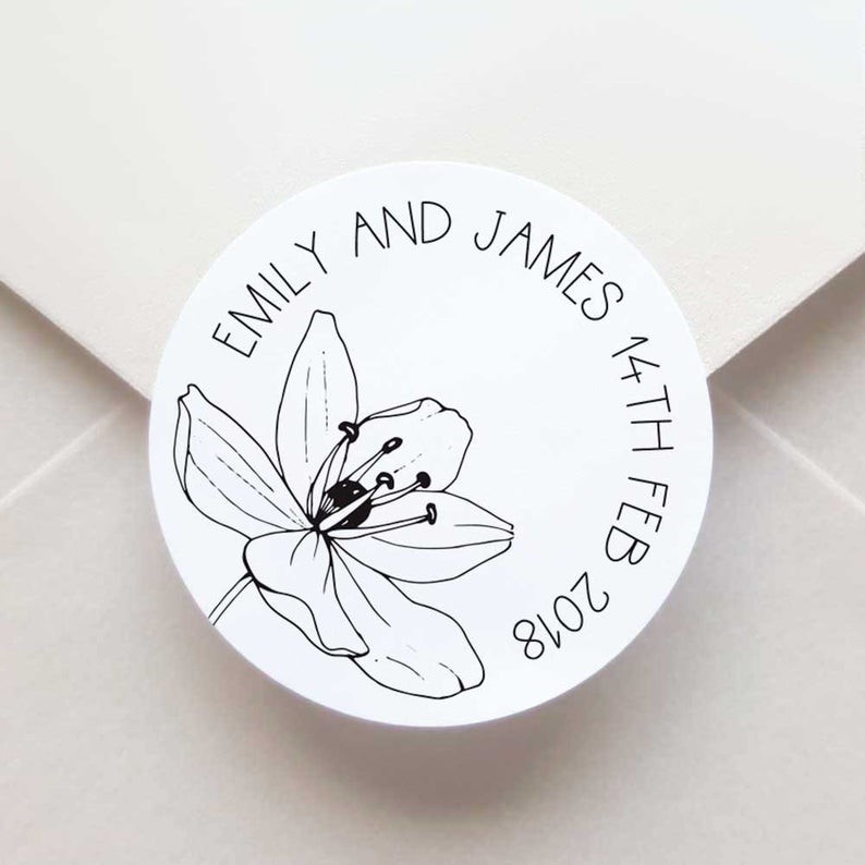 custom wedding envelope stickers with a black and white flower illustration