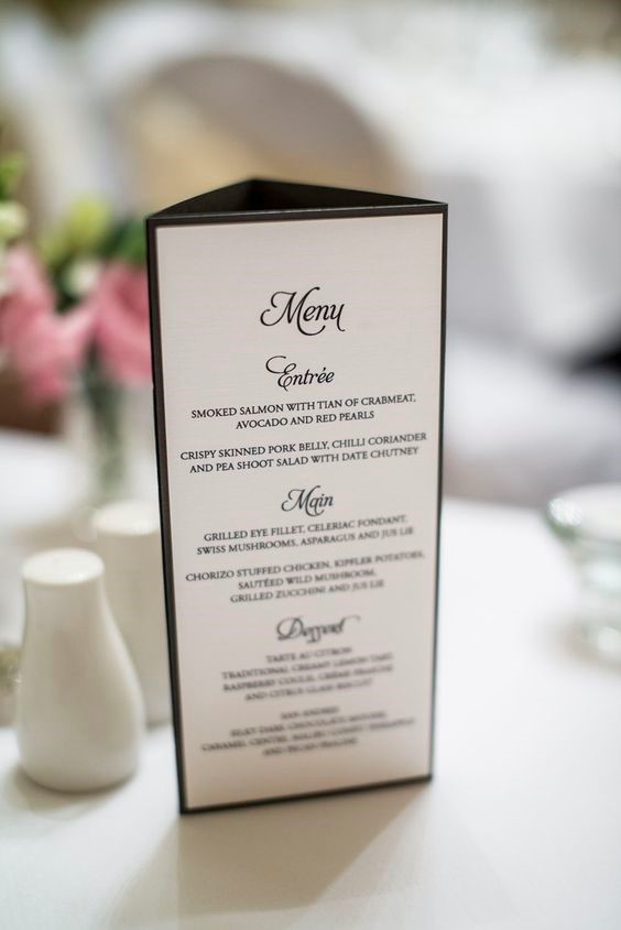 wedding table talker menu in black and white