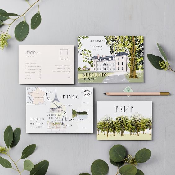 hand drawn wedding postcard design with a French theme