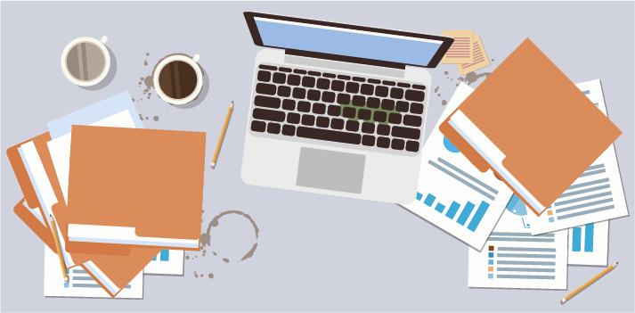 diagram of a chaotic desk with files and coffee stains