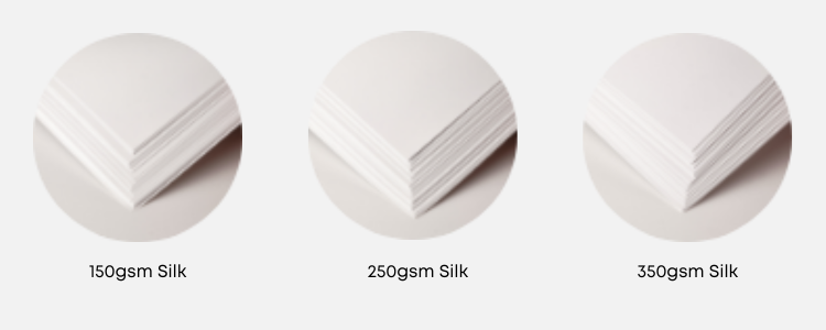 picture of 150, 250 and 350 gsm silk the most popular stocks for flyers