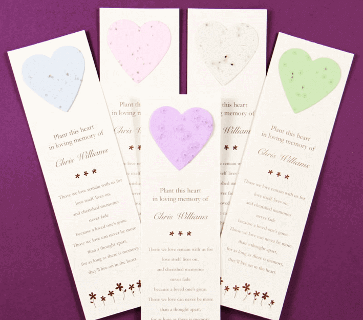 non religious order of service bookmarks with forget me not seeds attached in a biodegradable heart