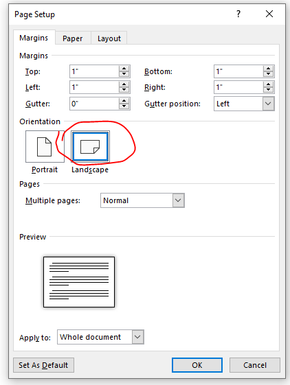 Click on the landscape icon in page setup on microsoft word