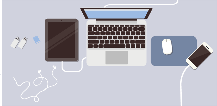 diagram of a tech lover's desk with USB sticks, memory cards and wires