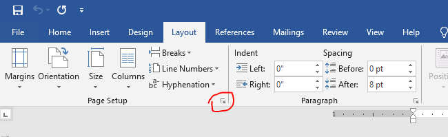 Click on the dialog box in page setup on microsoft work
