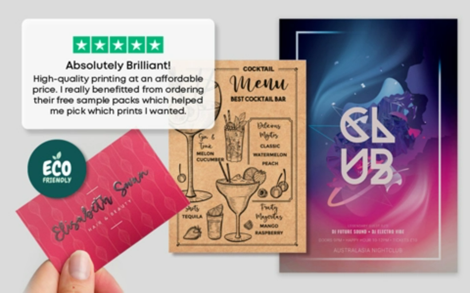 A sample of print products including flyers, posters and business cards advertising a range of businesses.